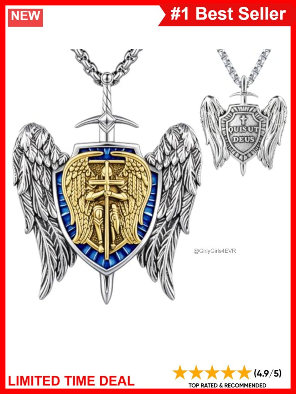 Platinum Plated Archangel Necklace Angel Wings Shield Sword Pendant Faith